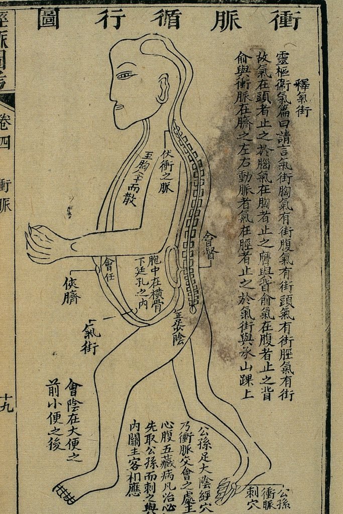 Gravure sur bois, illustrant le trajet du 衝脉 chōng mài