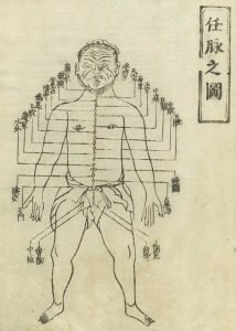 Gravure sur bois à partir du Jushikei hakki de Hua Shou, 1716, montrant le vaisseau conception, 任脉 rèn mài