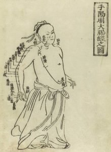 Gravure sur bois montrant le méridien du gros intestin d'un homme debout, de face, portant une jupe avec le méridien indiqué sur le bras droit et la poitrine avec des caractères chinois donnant les noms des points, de Jushikei hakki de Hua Shou, 1716
