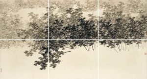 Forêts de pins dans la brume, ensemble de six rouleaux, encre sur papier de Koon Wai Bong (Guan Weibang né en 1974)