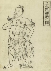 Gravure sur bois montrant le méridien de la rate d'un personnage masculin debout portant un pagne avec, indiqués sur la poitrine et la jambe avec des caractères chinois, les noms des points, du Jushikei Hakki de Hua Shou, 1716.