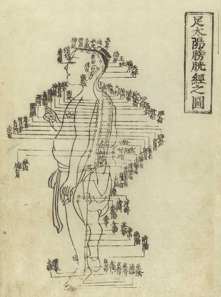 Gravure sur bois montrant le méridien de la vessie du tai yang du pied d'un personnage masculin, debout de profil, portant un pagne, avec le méridien indiqués sur les bras, le dos, les jambes et la poitrine, donnant les noms des points avec des caractères chinois, du Jushikei Hakki de Hua Shou, 1716.