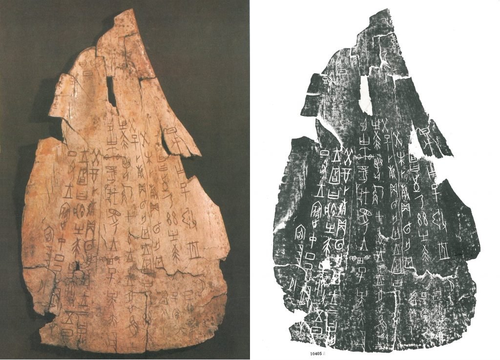 Os oraculaire avec trois longues inscriptions, à gauche l'original, tel qu'il est exposé au Musée d'histoire chinoise, à droite un frottement de cet os.