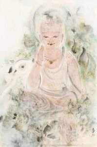 Bodhisattva et cerf, encre et couleur sur papier de Pan Wenxun