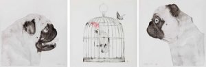 En cage, encre et couleur sur papier, peint en 2014, signé Li Jun (1961-)