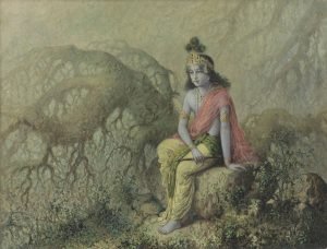 Krishna dans la contemplation, huile sur toile de Allah Bux (1895-1978), peinte vers les années 1930