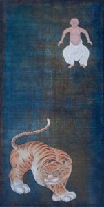 Tigre accroupi et arhat, encre et couleur sur papier A Hai, 2014
