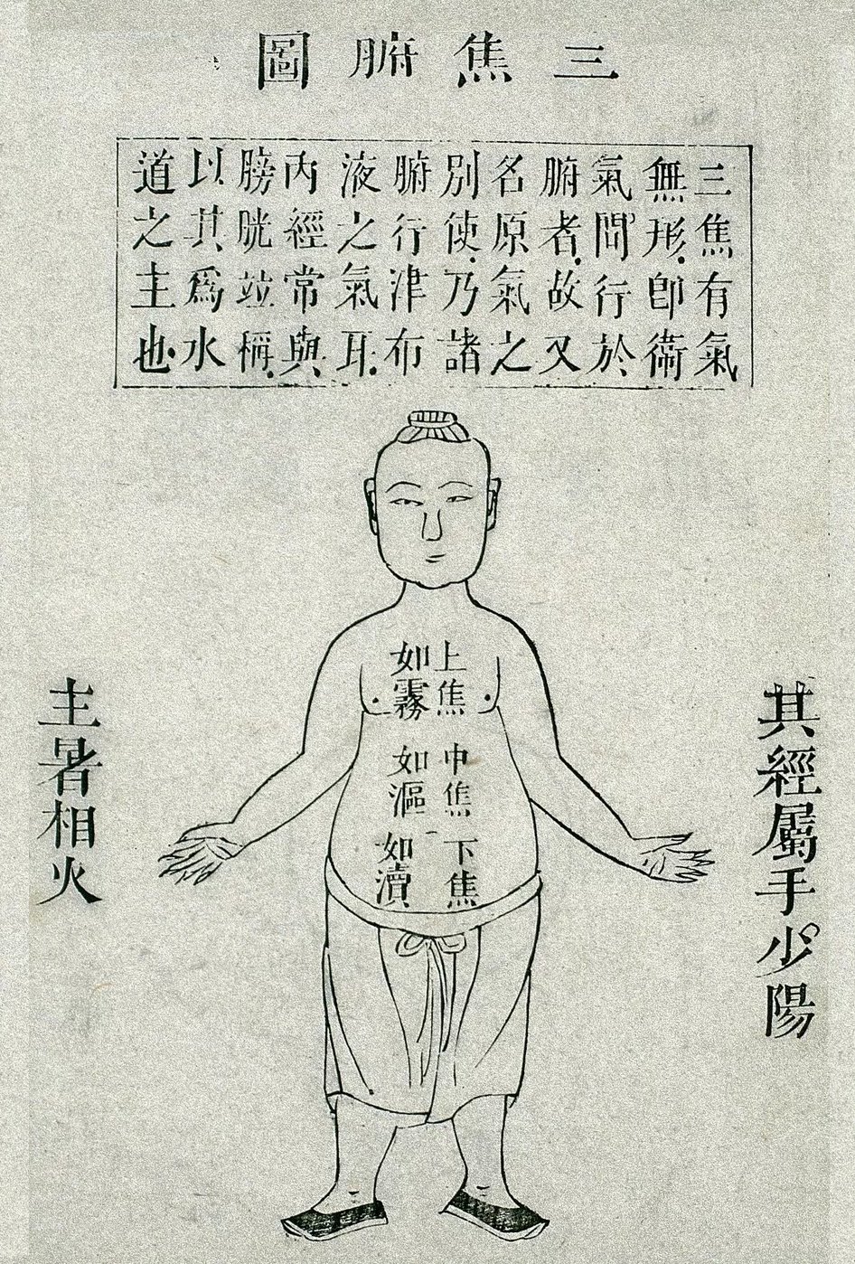 Le triple réchauffeur (三 焦: sān jiāo), gravure sur bois tirée du Canon des difficultés dans le livre des pouls (脉书难经:mài shū nán jīng ) de 扁䳍: Biǎn Què, édition de 1817.