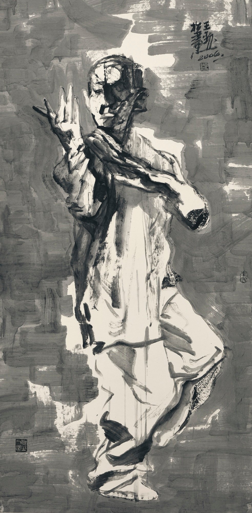 Figure 84 mettant en vedette un homme pratiquant le tai-chi-chuan, encre sur papier DE Wang Jinsong 