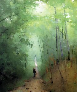 Paysage dans la forêt de Fontainebleau, huile sur carton d'Abbott Handerson Thayer, 1876