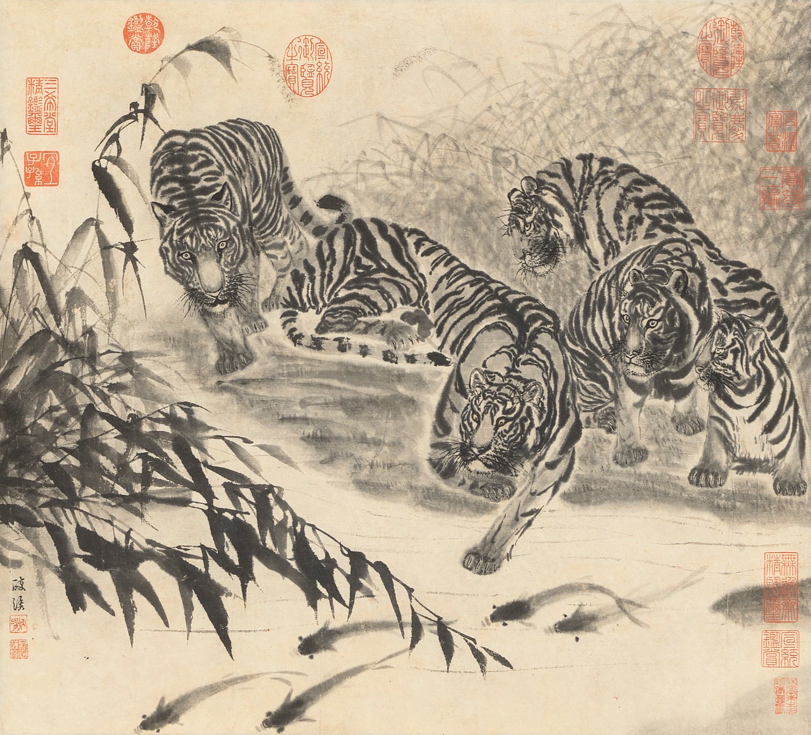 Tigres et poissons, encre sur papier, de Qu Gao, dynastie Ming