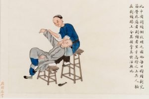 Un praticien chinois masse l'épaule d'un patient., aquarelle de Zhou Pei Qun, 1890