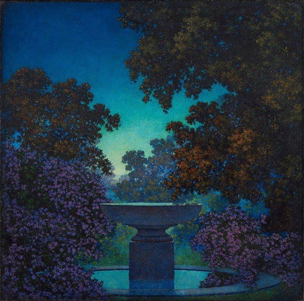 Fontaine bleue, 1925, huile sur carton de Maxfield Parrish