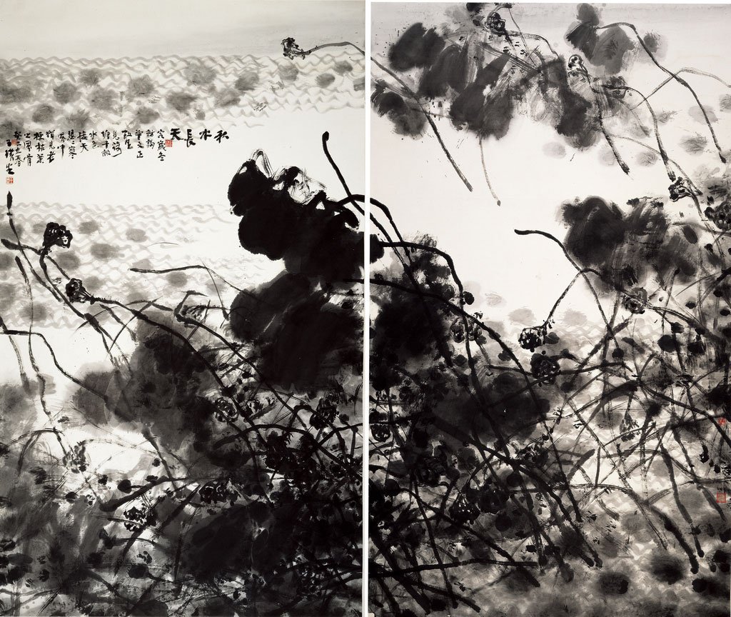 Intégration de l'eau d'automne et du ciel lointain, encre et lavis sur du papier de Wang Huangsheng