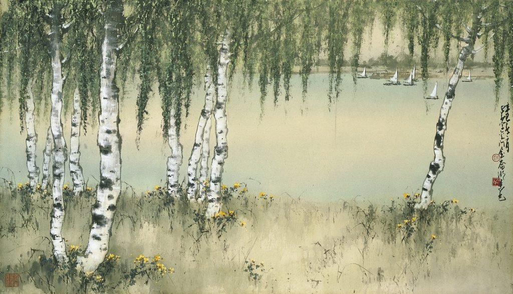 Saules au bord du lac, encre et couleurs sur papier, encadrées, Zhao Shao'ang