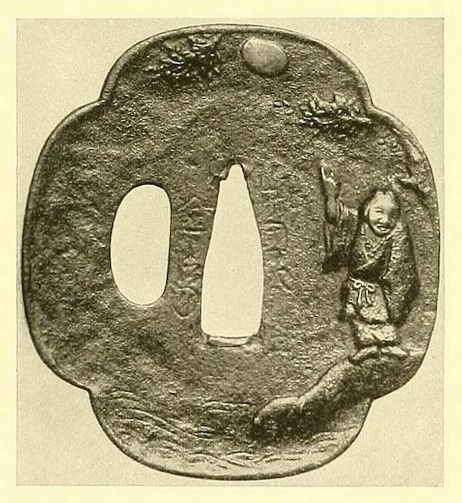 Tsuba en fer. Relief incrusté d'argent et d'or représentant le sennin