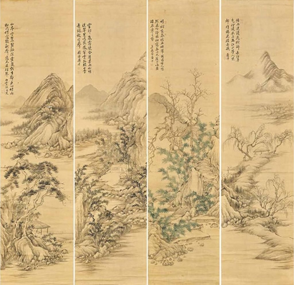 Paysage dans quatre saisons, quatre rouleaux suspendus, encre et couleurs sur soie, Yun Shouping (1633-1690)