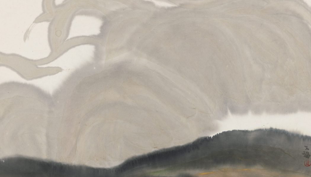 Deux taureaux en paysage, rouleau suspendu, encre et couleur sur papier, Jia Youfu (né en 1942)