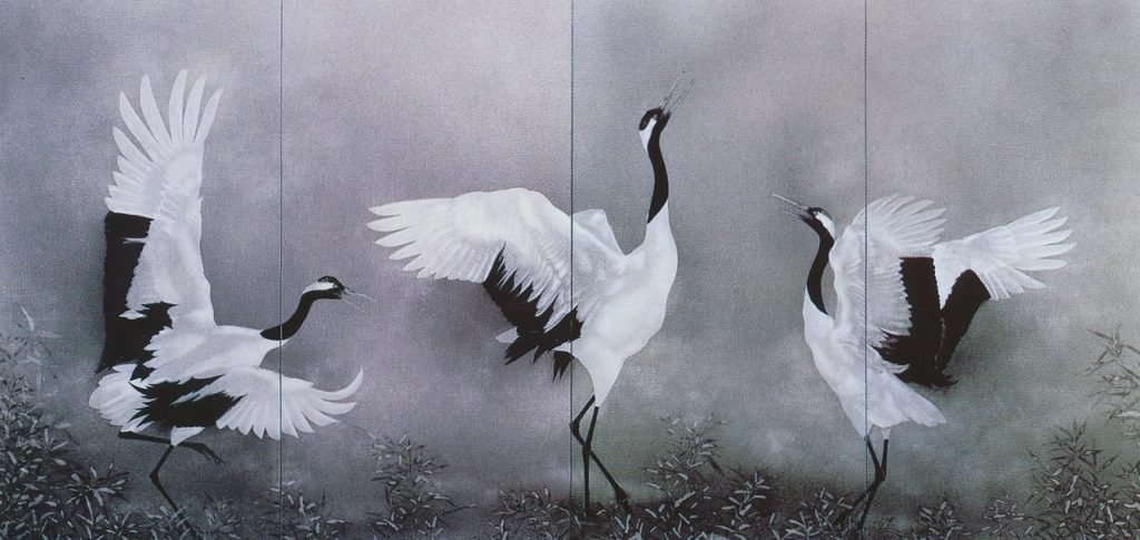 Grues japonaises, peinture sur paravent, Kayama Matazō
