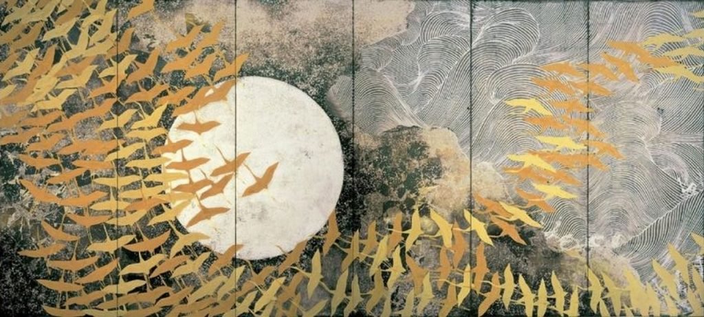 Un millier de grues, premier paravent à six panneaux, couleur sur soie, Kayama Matazo