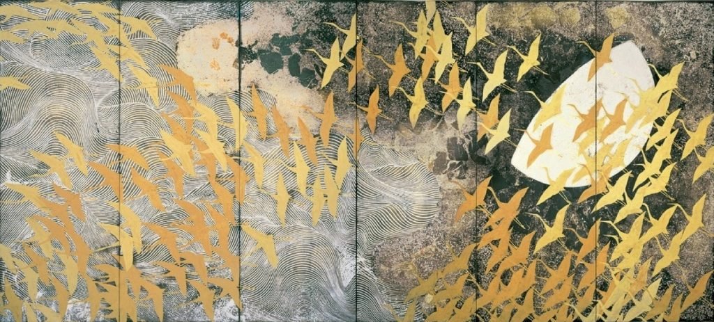 Un millier de grues, second paravent à six panneaux, couleur sur soie, Kayama Matazo