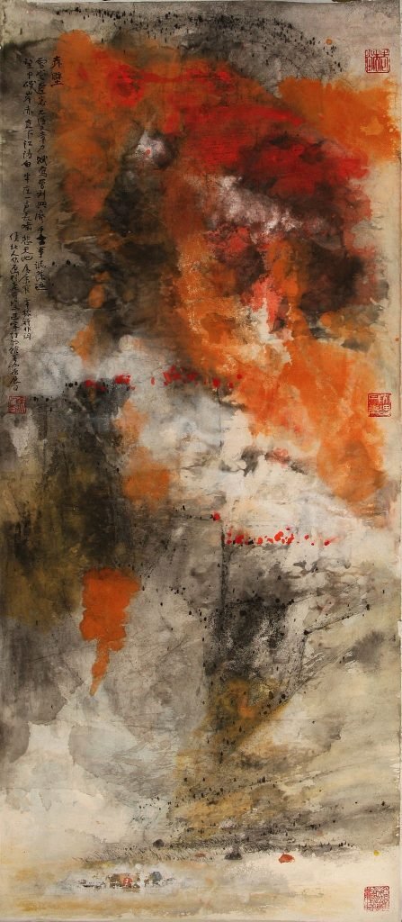 Falaise rouge, 2013, encre et couleur sur papier, Hou Beiren