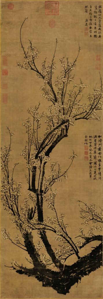 Fleurs de prunier au début du printemps, rouleau suspendu, encre sur soie, Wang Mian,