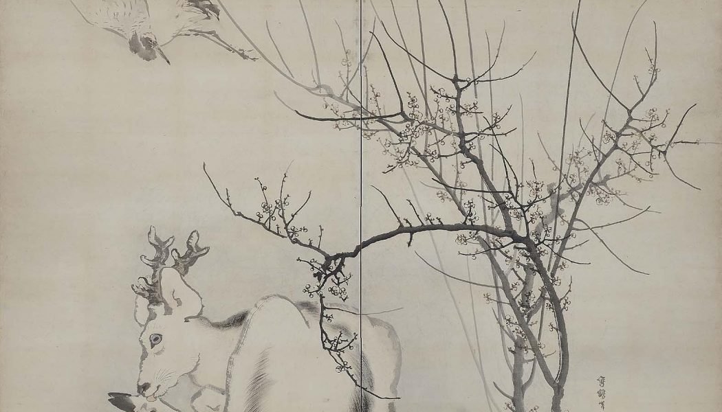 Fleurs de prunier, cigogne et cerf, encre et couleur claire sur papier, Ganku (1749-1838), Goshun (1752-1811), Azuma Tôyô (1755-1839), période Edo