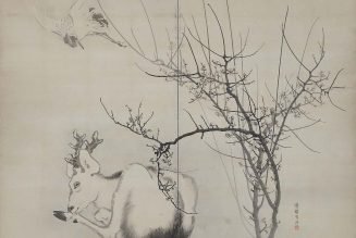 Fleurs de prunier, cigogne et cerf, encre et couleur claire sur papier, Ganku (1749-1838), Goshun (1752-1811), Azuma Tôyô (1755-1839), période Edo