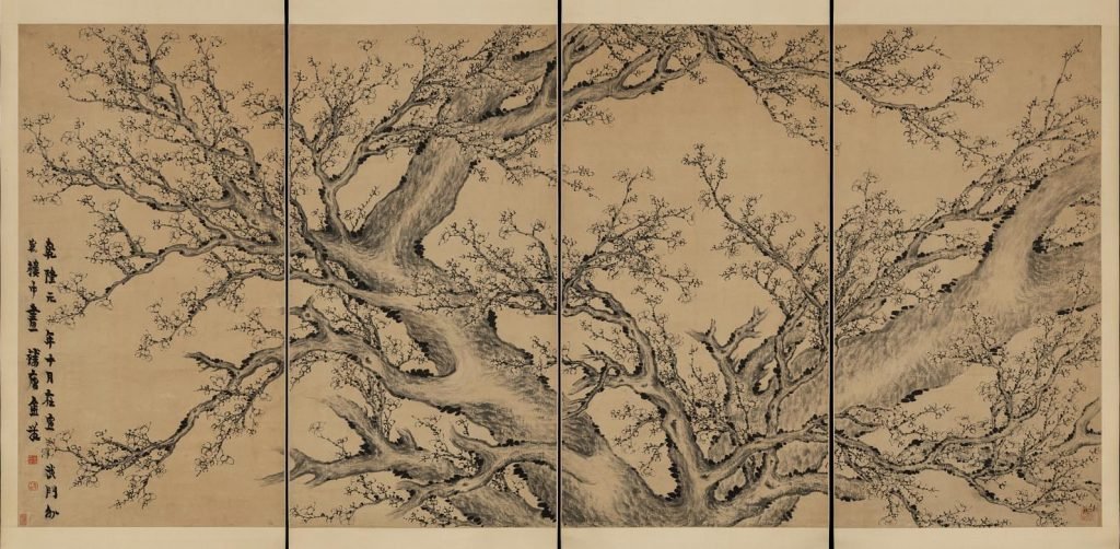 Fleurs de prunier en quatre rouleaux, encre sur papier, Jin Nong (1687–1764), dynastie chinoise Qing