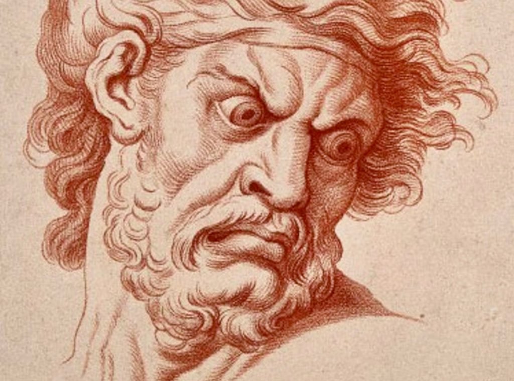 La colère, détail, pierre noire, sur papier blanc jauni. Charles Le Brun