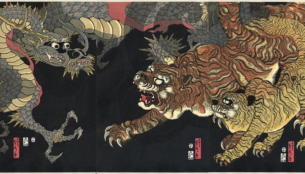 Tigre et dragon, gravure sur bois datant de la période Edo par Utagawa Sadahide (1807-1873)