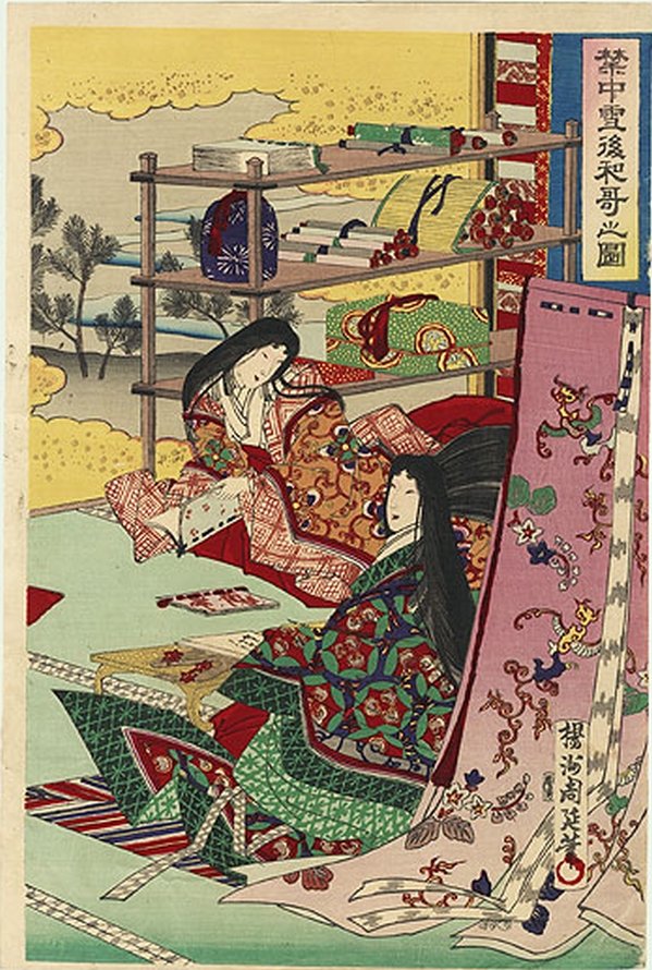 Femmes de cour écrivant un jour de neige (1886), Yôshû Chikanobu (1838-1912)