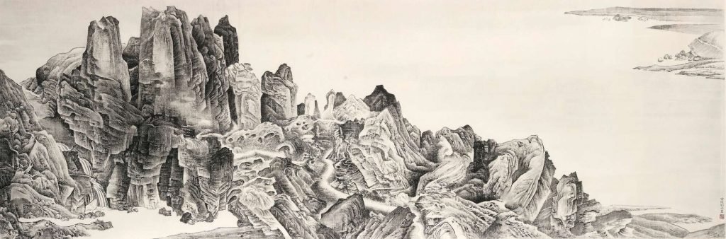 Montagnes aérées, gorges rapides d'après Li Tang, 2004, encre sur papier, Liu Dan