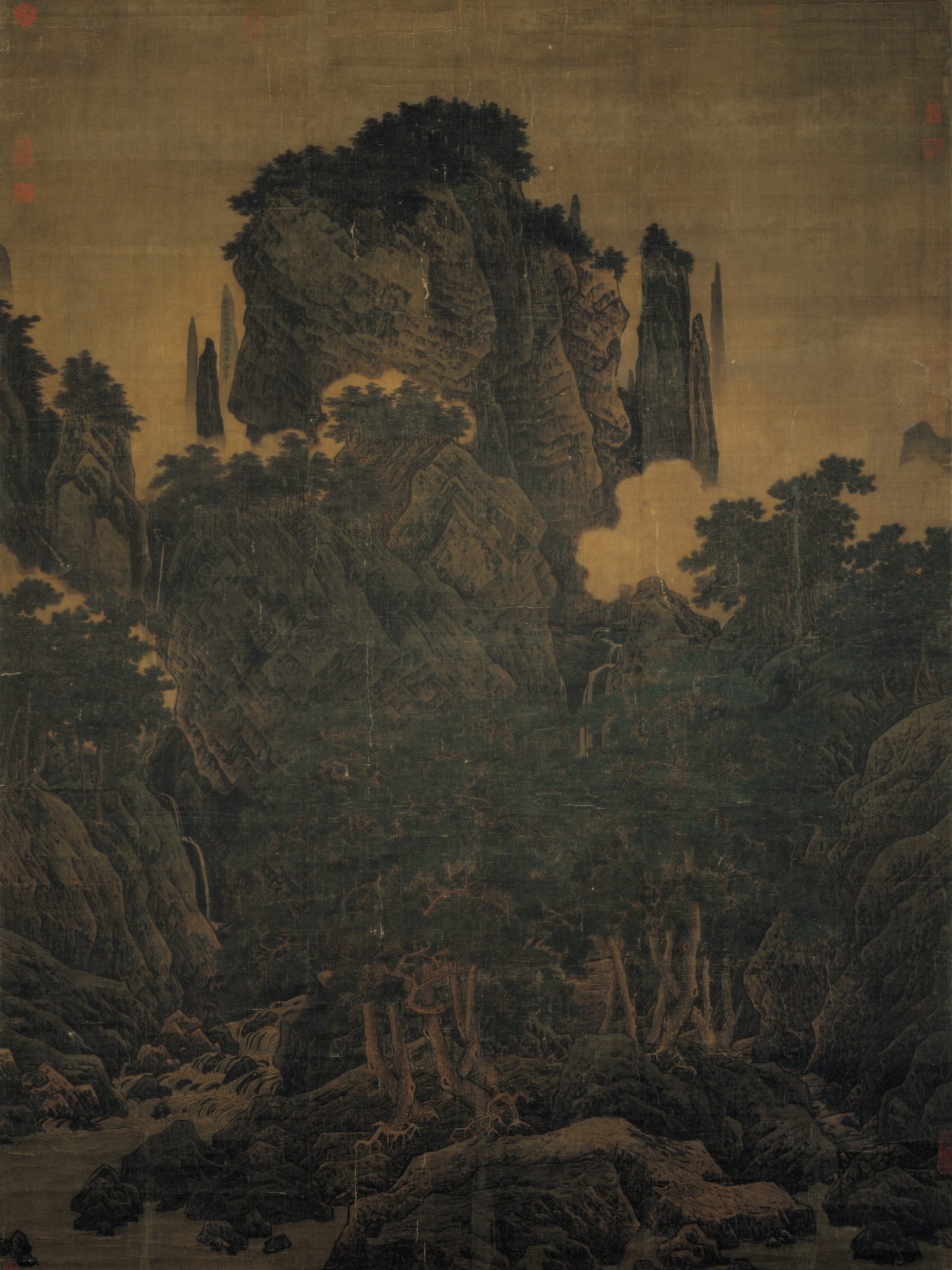 Vent dans les pins parmi une myriade de vallées, 1124, rouleau suspendu, encre et couleurs sur soie, Li Tang
