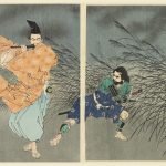 Fujiwara Yasumasa joue de la flûte au clair de lune, triptyque 2 et 3 sur bois, Tsukioka Yoshitoshi