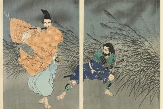 Fujiwara Yasumasa joue de la flûte au clair de lune, triptyque 2 et 3 sur bois, Tsukioka Yoshitoshi