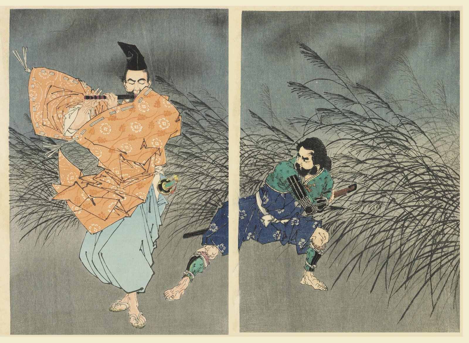 Fujiwara Yasumasa joue de la flûte au clair de lune, triptyque 2 et 3 sur bois, Tsukioka Yoshitoshi
