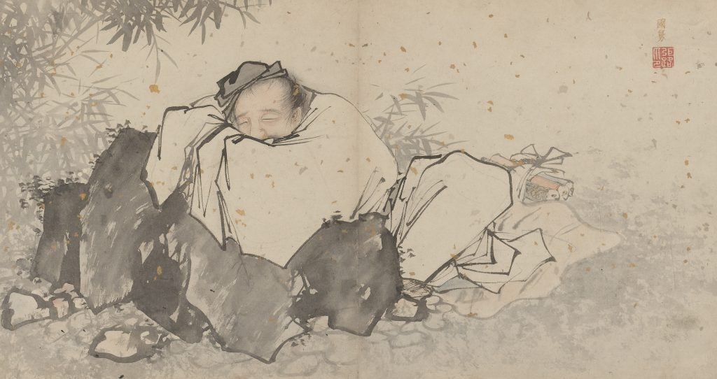 L'immortel taoïste Cao Guojiu, encre et couleurs claires sur papier moucheté d'or; feuille d'album, Zhang Lu (1464-1538)