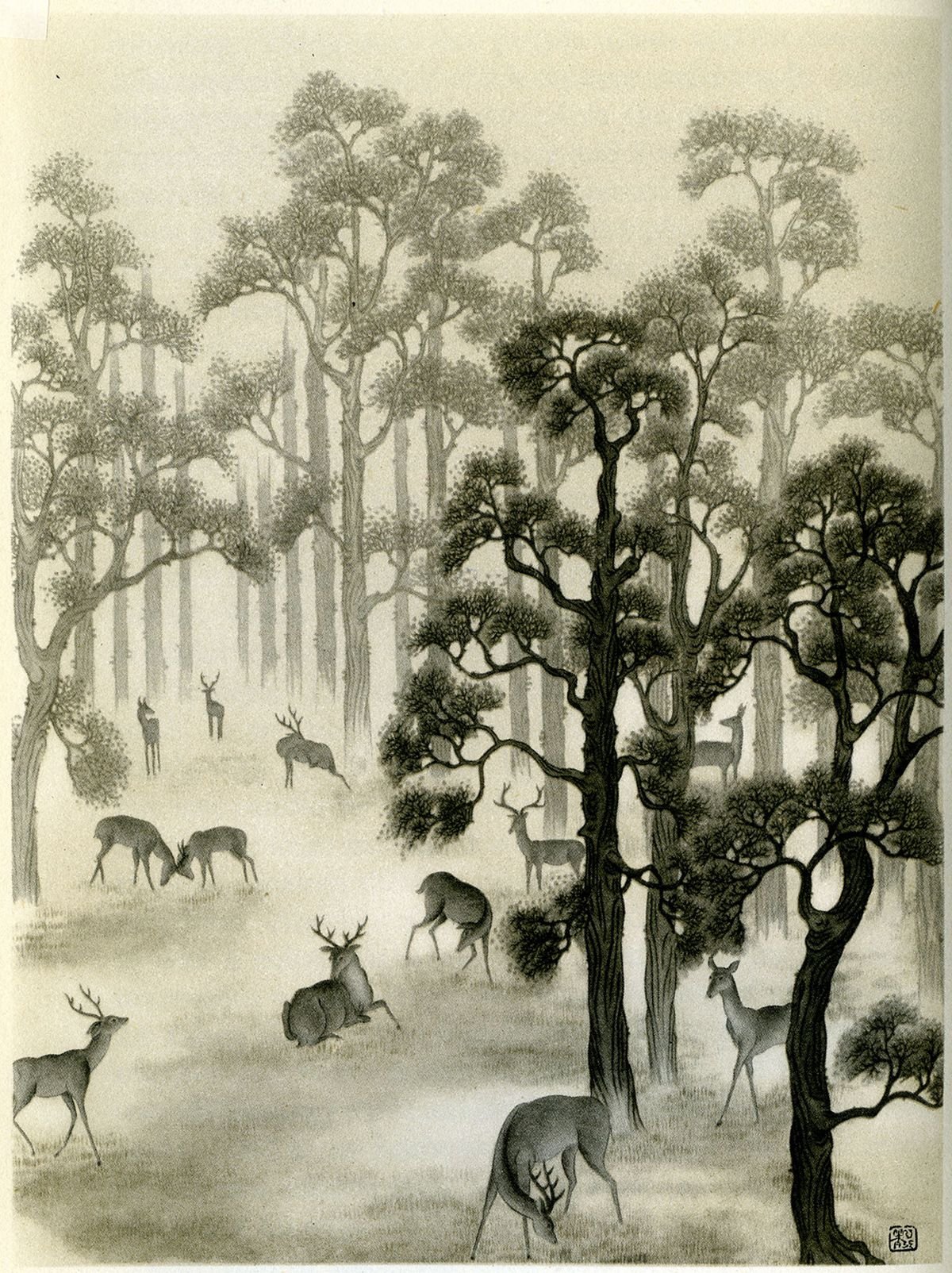 Deer in Richmond Park, 1938, encre sur papier, Chiang Yee