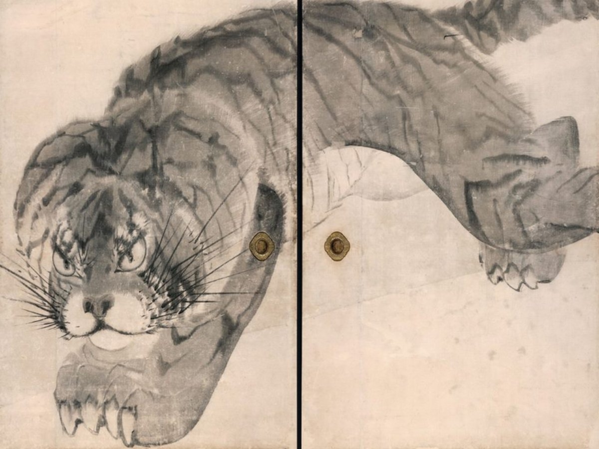 Tigre, détail, 1786, deux panneaux de droite, 1786, Nagasawa Rosetsu