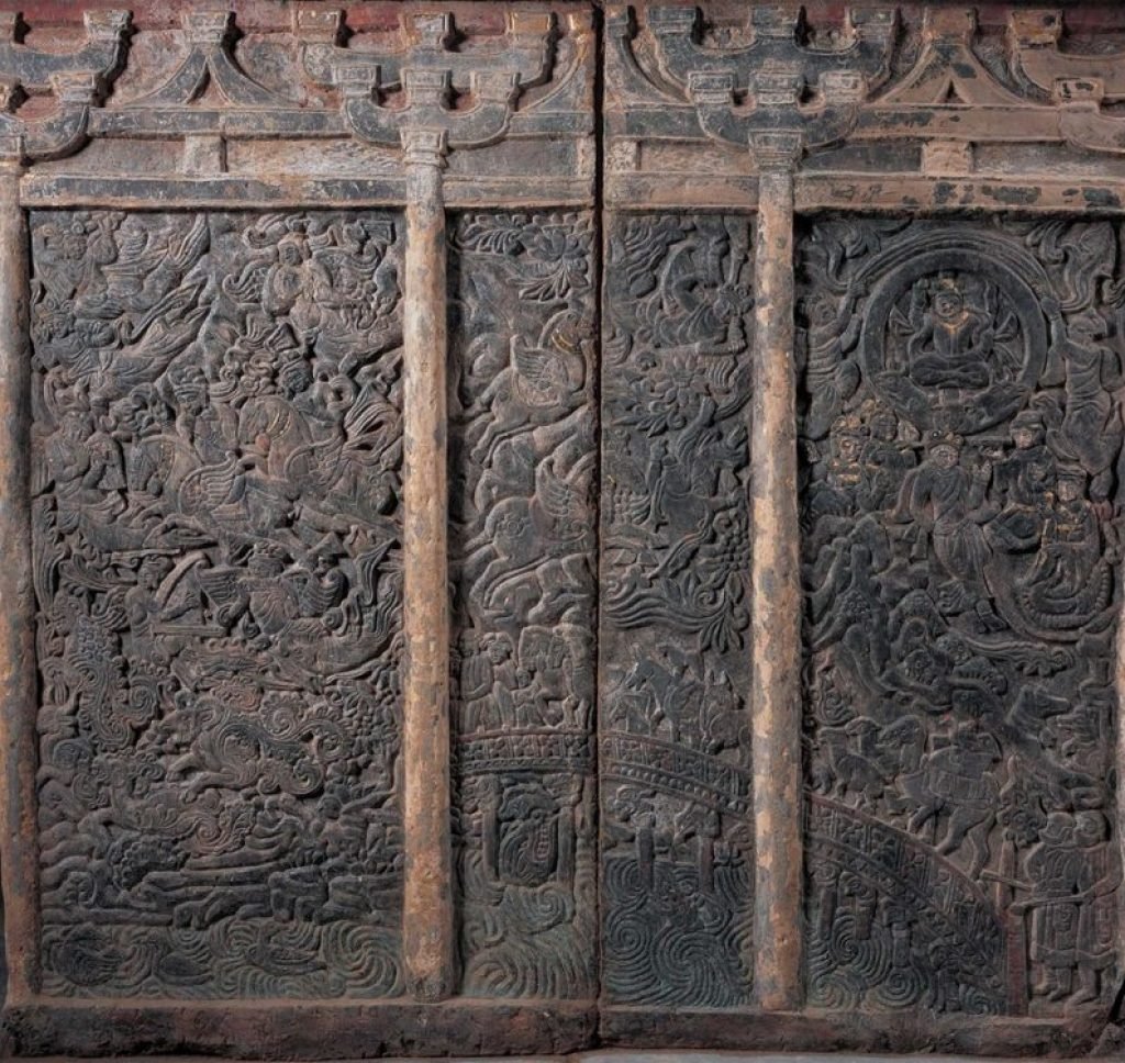 Mur Est du Sarcophage de Shi Jun et Wiyusi -Shi Jun et sa femme traversent le pont Chinvat pour être reçus au paradis, dessin.