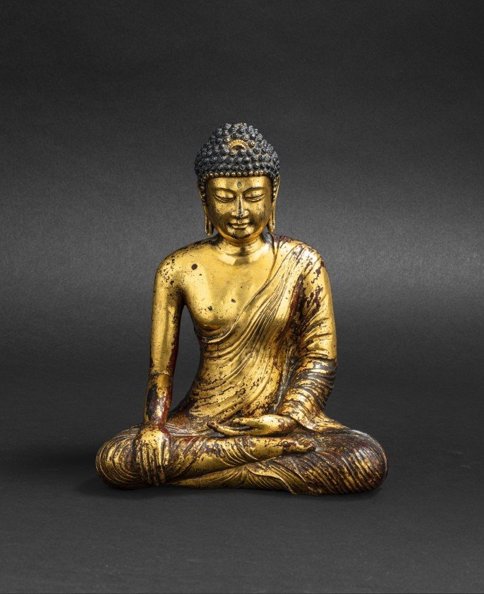 Bouddha Maravijaya en alliage de cuivre doré, royaume de Dali