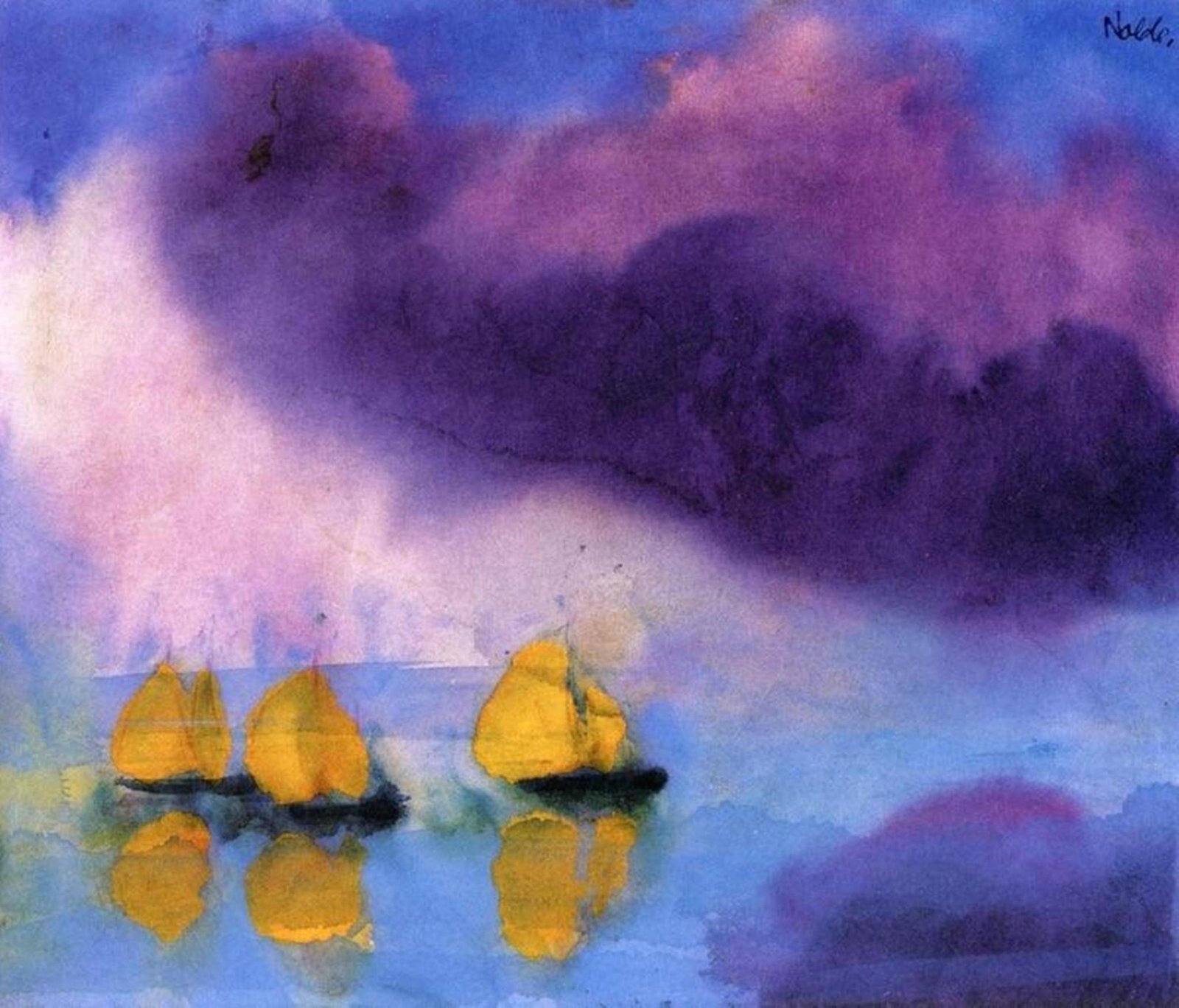 Mer avec nuages et trois bateaux, aquarelle, 1946, Emil Nolde