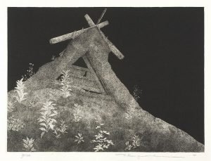 Sur le toit à minuit, 1981, eau-forte, Tanaka Ryohei