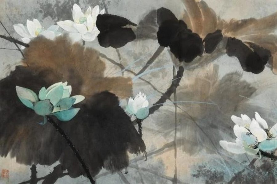 Lotus blanc, 1978, détail, encre et couleur sur papier, Yuan Yunfu