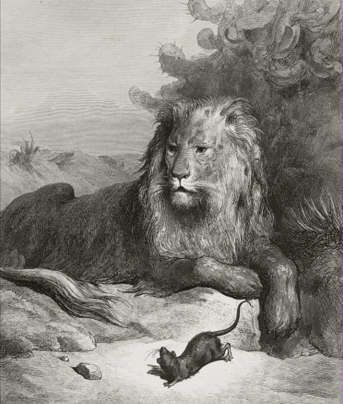 Le lion et le rat, dessin de Gustave Doré, gravure sur bois de Louis Dumont.