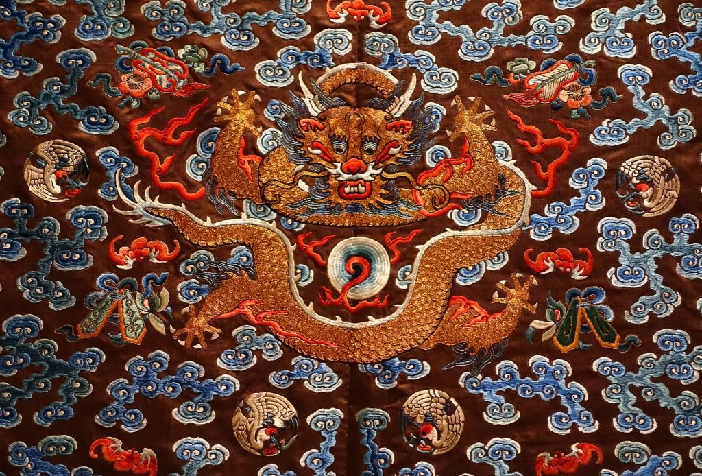 Robe de cour impériale avec neuf dragons, détail, Chine, dynastie Qing