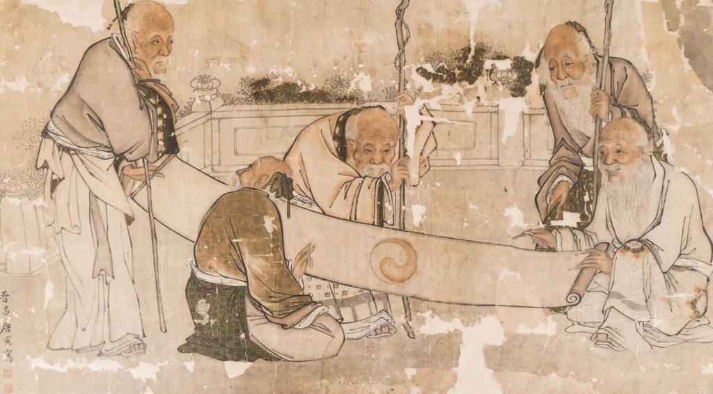 Lettrés et taijitu, encre sur papier, chinois XVIIIe siècle