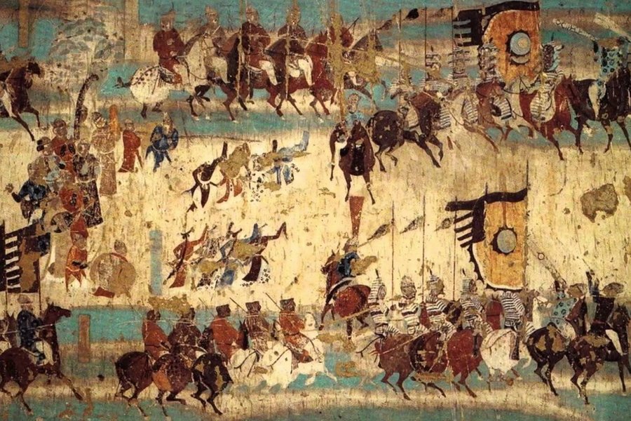 Peinture murale commémorant la victoire du général Zhang Yichao sur les Tibétains en 848, grotte de Mogao 156, fin de la dynastie Tang, détail